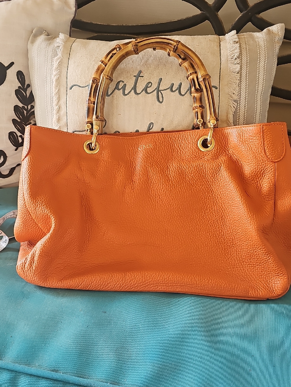 Mark & Graham Orange Leather Satchel with Bamboo Handles